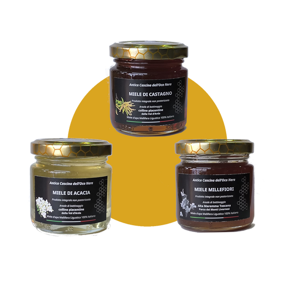 Tris Mieli di Castagno, Acacia, Millefiori, vasetto da 125 gr confezionato - Antica Cascina dell'Oca Nera